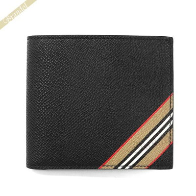 《1500円OFFクーポン対象_10月15日23:59迄》バーバリー 二つ折り財布 BURBERRY メンズ レザー アイコン ストライプ プリント ブラック 8033846 BLACK | ブランド