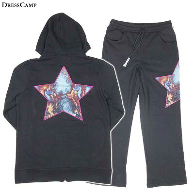 【送料無料】 ドレスキャンプ(DRESS CAMP) メンズ プリント パーカー スウェット セットアップ ブラック D2704002+D2705002 12A