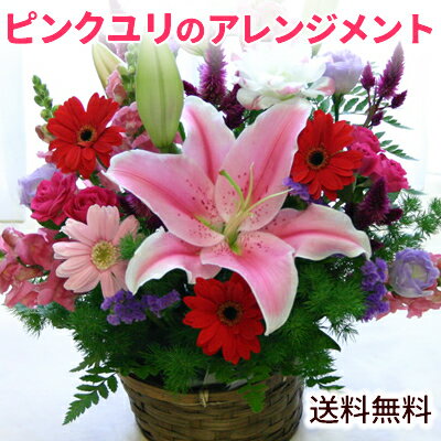 誕生日のお祝いに 発表会 花 出演祝い/楽屋見舞いに ピンク 大輪ユリ フラワーアレンジメント(アレンジメントフラワー)【画像配信】【送料無料/あす楽対応】開店祝い 花