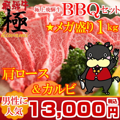 岐阜 【バーベキューセット】THE焼肉★メガ盛り1kg 肩ロース&カルビBBQセット飛騨牛のおいしさを堪能〜満足の7〜8人前 【日曜営業】 【土曜営業】おうち割 ふっこう福袋 復袋 お取り寄せグルメ 観光地応援 高級食材料