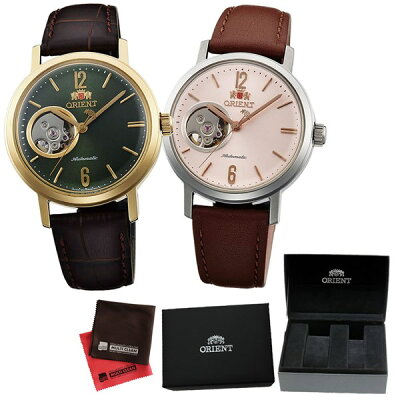 (ペア箱入り・クロスセット)(国内正規品)(オリエント)ORIENT 腕時計 WV0451DB (グリーン)・WV0471DB (ピンク) (スタイリッシュ&スマート)STYLISH AND SMART セミスケルトン(自動巻き ユニセックス アナログ 革バンド ペアウォッチ)(快適家電デジタルライフ)