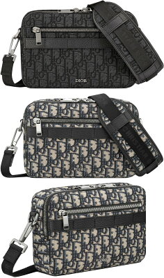 DIOR HOMME ディオールオムフロントファスナーポケット付きオブリークジャカードショルダーバッグベージュ ブラック サファリクロスボディーバッグメタルロゴ ポシェット 斜めがけショルダーバッグルテニウムコーティングシグネチャーロゴ H27EBEH10EBK