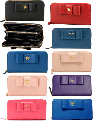 PRADA プラダ小銭入れ付きラウンドファスナー長財布ビッグリボン&メタルロゴ ゴールドサフィアーノカーフレザーブラック レッド ダークブルー ネイビーピンクベージュ ライトピンクピンク コバルトブルー アクアプブルー ブリエールパープルピンク