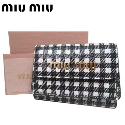 ミュウミュウ ミニ財布 三つ折り MIU MIU レディース 5MH021 NERO+BIANCO(ブラック×ホワイト系) レザー チェック柄 MADRAS VICHY 送料無料【ギフト】