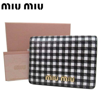 【1000円OFF 2/11 01:59迄】ミュウミュウ 財布 二つ折り財布 MIU MIU レザー ギンガムチェック ミニ財布 5MV204 MADRAS VICHY NERO+BIANCO(ブラック×ホワイト系) アウトレット レディース 送料無料