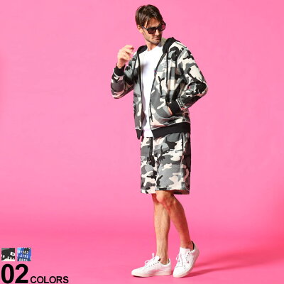 DIESEL (ディーゼル) 迷彩柄 フルジップ パーカー ショートパンツ セットアップブランド メンズ 男性 セット スエット セットアップ 上下セット パーカー ショーツ スウェット プリント カモフラ DSSE8MS148ICAT