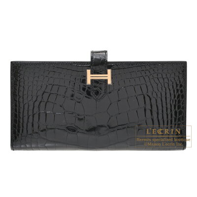 エルメス ベアンスフレ ブラック クロコダイル アリゲーター ローズゴールド金具 HERMES Bearn Soufflet Black Alligator crocodile skin Rose gold hardware