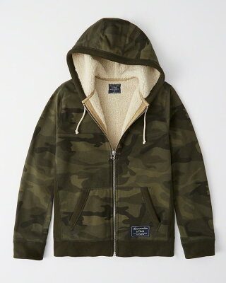 Abercrombie&Fitch (アバクロンビー&フィッチ) 裏ボア フルジップパーカー(フーディー)(Sherpa-Lined Full-Zip Hoodie) メンズ (Green Camo) 新品 日本未発売