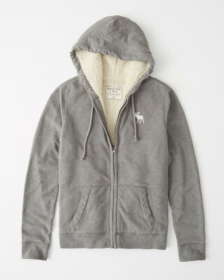 Abercrombie&Fitch (アバクロンビー&フィッチ) 裏ボア ロゴ フルジップパーカー(フーディー)(Sherpa-Lined Full-Zip Hoodie) メンズ (Gray) 新品