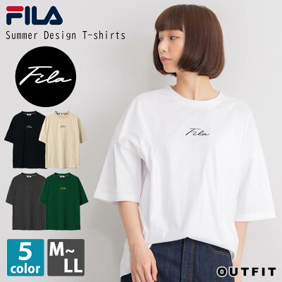FILA デザインロゴTシャツ メンズ レディース WEB限定 別注 半袖 ロゴ 無地 シンプル 綿100% コットン おしゃれ ブランド スポーツ カジュアル トップス 黒 白 ベージュ ビックシルエット オーバーサイズ 大きいサイズ M L LL 春 夏 プレゼント karlas