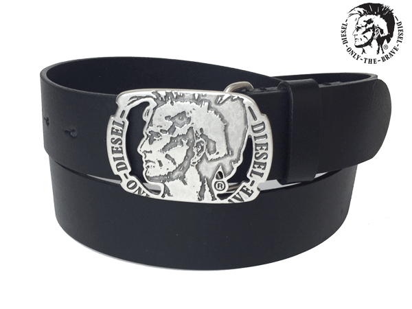 ディーゼル ベルト（メンズ） ディーゼル ベルト DIESEL X05114 PR404 T8013 ロゴ入り ONLY THE BRAVE モヒカンマン バックル ブラックレザー ベルト 100 cmサイズ
