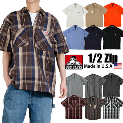 ベンデイビス ワークシャツ BEN DAVIS ワークシャツ 半袖 ハーフジップ シャツ ベンデイビス ワークシャツ BEN DAVIS 作業服 エプロン カーキ ストライプ チェック ブラック 黒 オレンジ バレンタインプレゼント