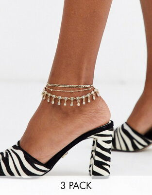 エイソス レディース ブレスレット・バングル・アンクレット アクセサリー ASOS DESIGN pack of 3 anklets with fine chain and crystal teardrop charms in gold tone Gold