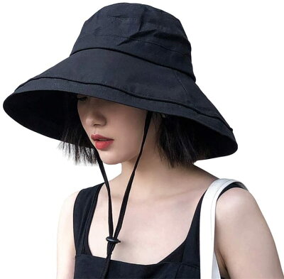 UVカット帽子 つば広 小顔効果 マジックテープ調節 あご紐 風で飛ばない 紫外線カット レディースハット 大きいサイズ 折りたたみ 携帯便利 アウトドア 自転車 春夏 日焼け防止 スカラハット(ブラック)