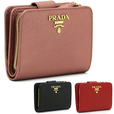 プラダ PRADA 二つ折り財布L字ファスナー ミニ財布 1ML018 SAFFIANO METAL ORO 型押しレザー 本革 コンパクト メタルロゴ レディース メンズ 無地 アンティークピンク レッド ブラック
