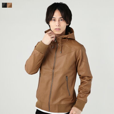 ジャケット アウター メンズ PUレザー フード ボリュームネック リブ 無地 ブラック キャメル M L 春 秋 冬 春服 秋服 冬服 バイク バイカー SPU スプ