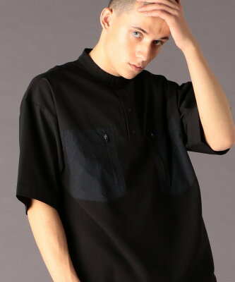 【SALE/50%OFF】coen 異素材切替バンドカラーポロシャツ(セットアップ対応)(UTILITYLINE)# コーエン カットソー Tシャツ ブラック グレー
