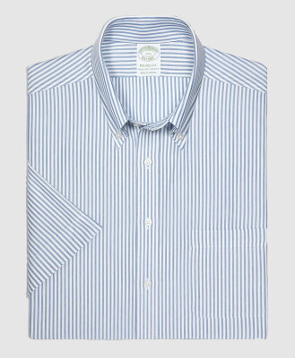 BROOKS BROTHERS (M)コットン/ポリエステル 46ゲージニット ストライプ ショートスリーブドレスシャツ New Milano Fit ブルックス ブラザーズ スーツ・フォーマル Yシャツ・カッターシャツ ブルー【送料無料】