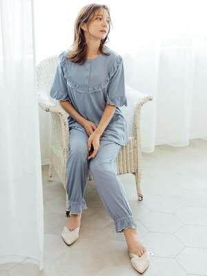 fran de lingerie tororelax とろリラ半袖フリルプルオーバー半開上下セット フランデランジェリー インナー・ルームウェア パジャマ ブルー ピンク パープル オレンジ【送料無料】