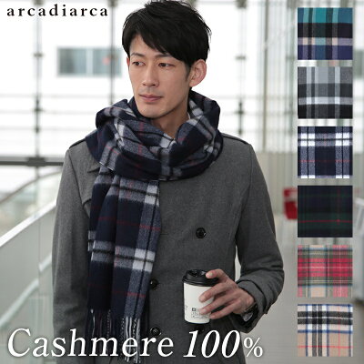 カシミヤ100% チェック柄ストール メンズ フリーサイズ (カシミヤ ストール マフラー チェック カシミヤ100 カシミア 男 防寒 薄手 大判マフラー ギフト プレゼント arcadiarca) (送料無料)