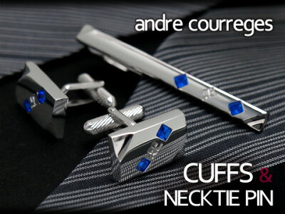andre courreges アンドレ・クレージュ おしゃれ ネクタイピン&カフスセット スワロフスキー 長方形 シルバー×ブルー ACT4006-ACC8006