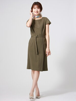 【期間限定10%OFF】◆PEACH JOHNコラボ ウォッシャブル 鹿の子ジャージーベルト付き半袖ワンピース◆ カーキ ホワイト・ザ・スーツカンパニー レディース