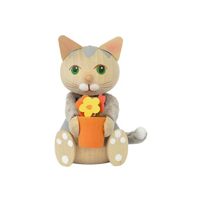 Nordic Gifts フラワーポットを抱えたお座りネコ グレー 木製 ハンドメイド 手作り 猫 置物 北欧 かわいい エストニア 北欧雑貨 北欧グッズ インテリア おしゃれ ノルディックギフト プレゼント プチギフト 誕生日 バレンタイン