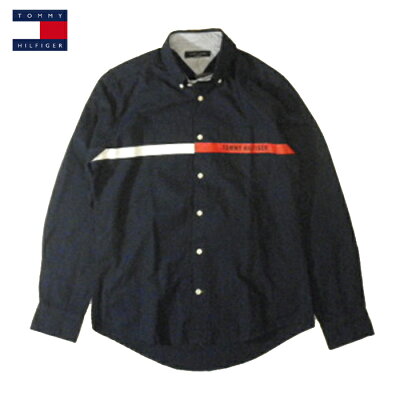 TOMMY HILFIGER DENIM トミーヒルフィガー ボタンダウンシャツ トリコロールカラーボーダーロゴプリント 長袖 アウトレット品 ネイビー メンズ Sサイズ メール便ネコポスPOST投函送料無料