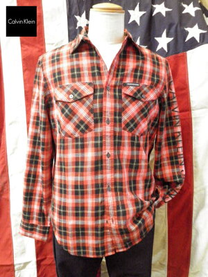 カルバンクライン チェックシャツ 長袖 ロゴ袖プリント キャッシュレス calvin klein JEANS レッド×ブラック×イエロー×ホワイト メンズ Mサイズ 送料無料