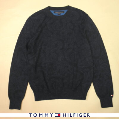 トミーヒルフィガー TOMMY HILFIGER コットンニット ペイズリー柄 トリコロールフラッグロゴ クルーネック ネイビー×ブルー メンズ XSサイズ 送料無料 送料込み