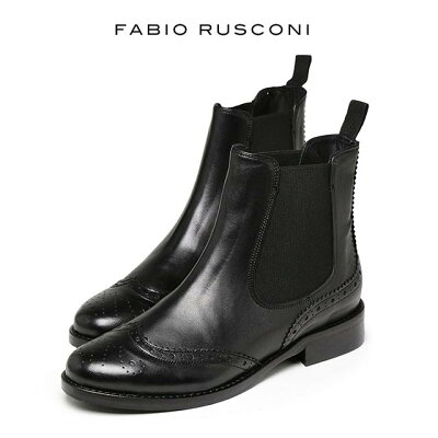 ファビオルスコーニ ショートブーツ 新入荷 サイドゴア ウィングチップ メダリオン ブラック フラット ローヒール fabio rusconi I-1720 小さいサイズ レディース 大きいサイズ 【送料無料】 【レ15】 39【あす楽対応】