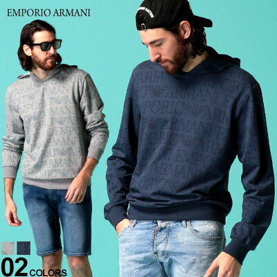 エンポリオ アルマーニ メンズ パーカー スウェット EMPORIO ARMANI ロゴ 総柄 プリント ライトオンス フード プルパーカー ブランド トップス EA1116980P566